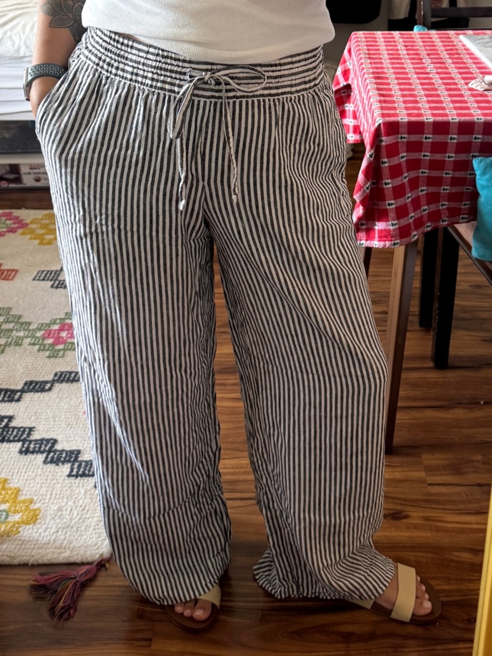 a new day Linen Blend Black & Ivory Striped Wide Leg Drawstring Pants Size M